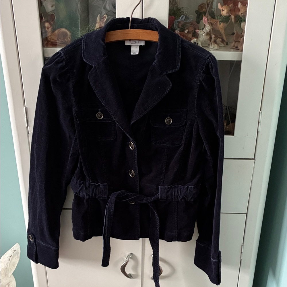 Ann Taylor Loft sz 4 Corduroy Women's Belted Navy Jacket euc